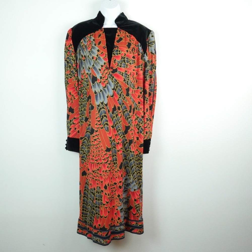 Vintage Leonard Fashion Paris Silk Velvet Feather Print Midi Dress Luxury 80s